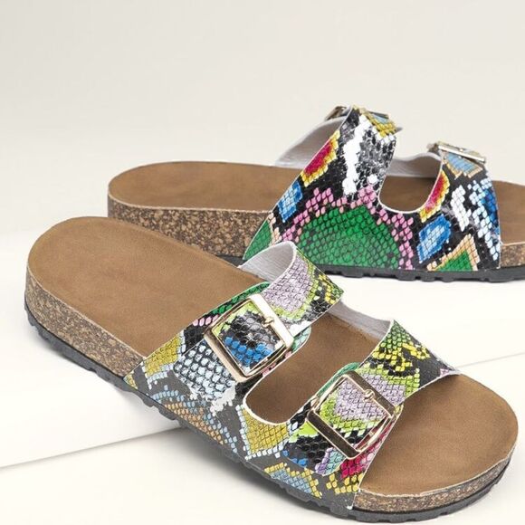 NEW! Boho Multi Colored Snake Skin Pattern Twin Buckle Band Slide Sandals Mules - Picture 3 of 3